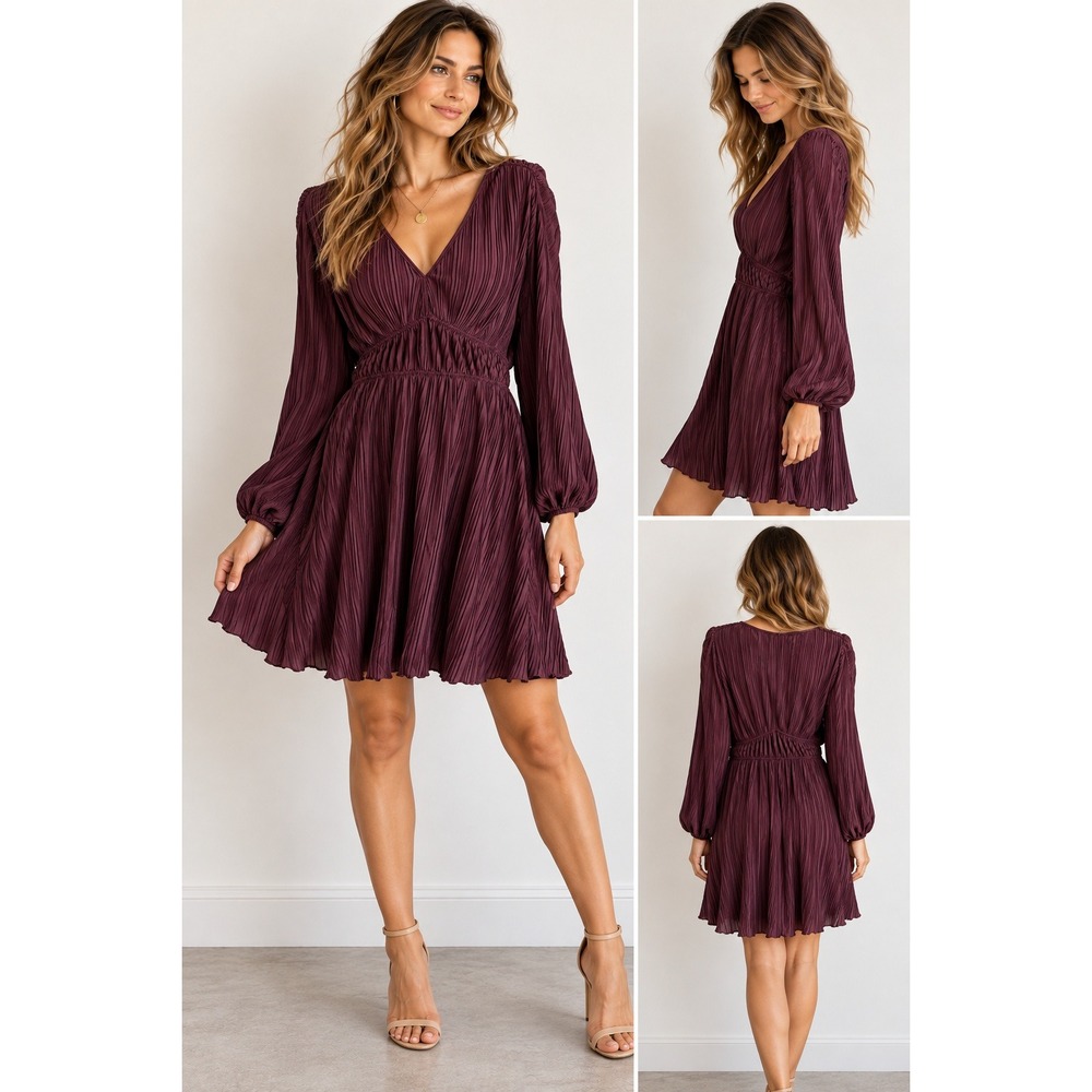Women's Plum Pleated V Neck Mini Dress Dark Romantic Boho Ethereal - Picture 2 of 12